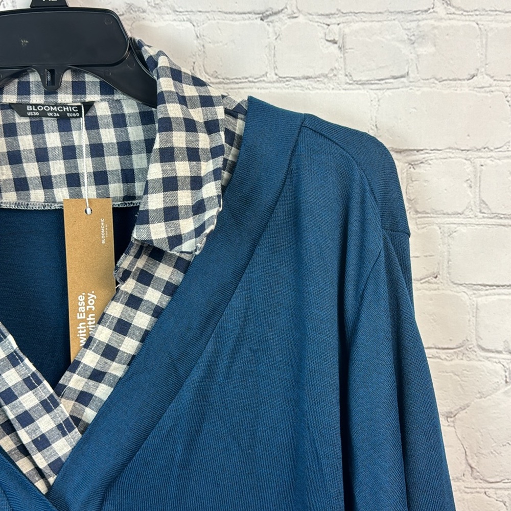BloomChic Teal Blue And Check Pattern Layered Look Long Sleeve Top Plus 2X 6X - Picture 3 of 7